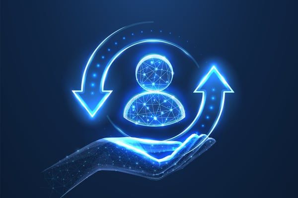 Customer information diagram shows client icon on hand isolated on blue background